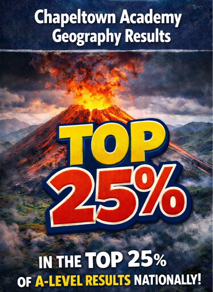 ChapeltownAcad's tweet image. Day 3 of our Subject Success Stories 🌍
Our A-level Geography results are in the Top 25% nationally — another fantastic achievement for our students and staff.
More subject successes still to come this week! 👏
#ChapeltownAcademy #Geography #ALevelResults