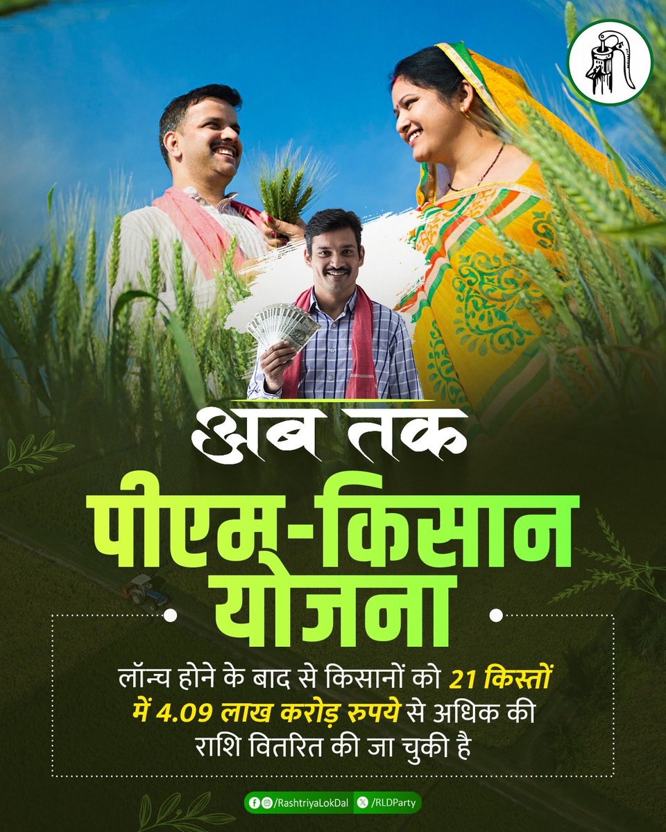 RLDparty's tweet image. पीएम-किसान योजना से देश के करोड़ों किसानों को मिल रही आर्थिक मजबूती।

अब तक 21 किस्तों में 4.09 लाख करोड़ रुपये से अधिक की राशि सीधे किसानों के खातों में पहुंचाई जा चुकी है।

#PMkisan