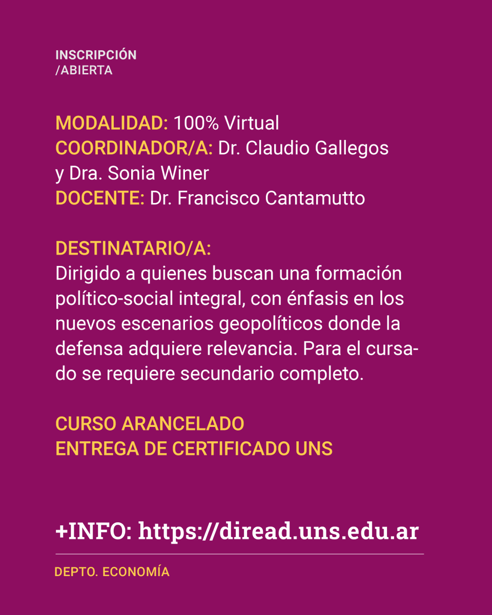 direaduns's tweet photo. 🎓 Curso | Regímenes de acumulación: entre la geopolítica, los conflictos sociales y las políticas públicas
Análisis del mercado mundial, el rol de América Latina y los regímenes de acumulación en Argentina.

🔗 https://t.co/hluyUFEb7U
📩 diplomaturagyd@gmail.com https://t.co/0siaDiHulf