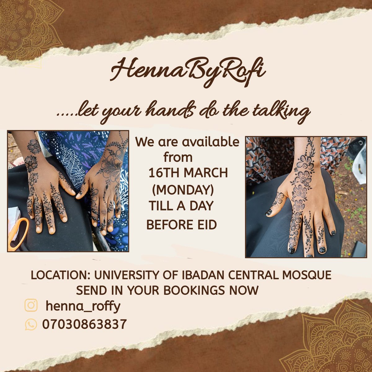 HennaByRofi is here again for you Queens! Let's make you more beautiful this eid as usual...
What are you waiting for?🤌🏾 Start sending in your bookings NOW!!!🤭🤗
Click on the link to book
wa.me/+2347030863837