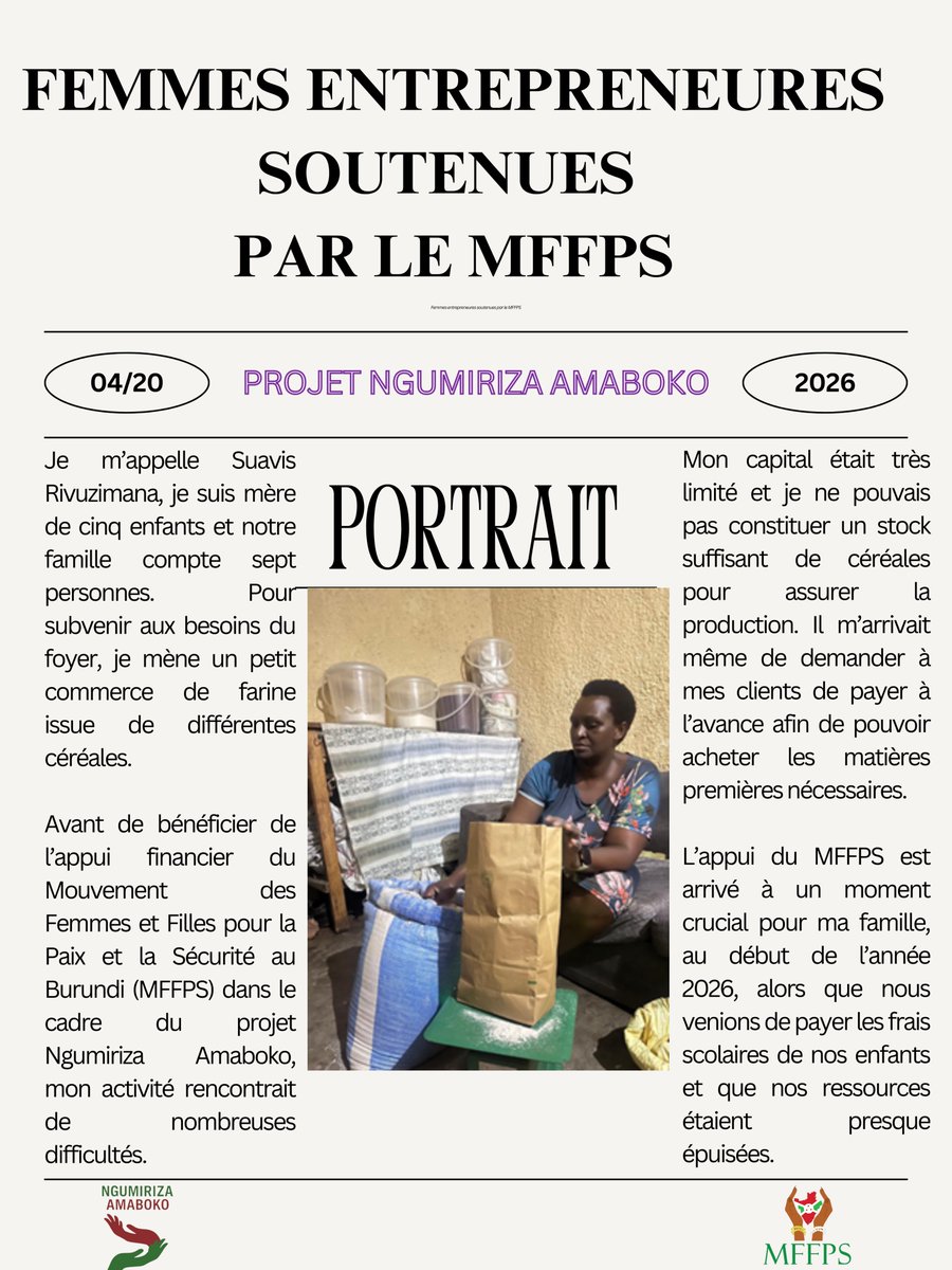 Burundi_mffps's tweet photo. À travers le projet Ngumiriza Amaboko, le #MFFPS met à l’honneur des femmes qui construisent leur autonomie et transforment leur avenir.
Pour ce quatrième portrait, nous vous présentons Suavis Rivuzimana.
#GiveToGain
#NgumirizaAmaboko