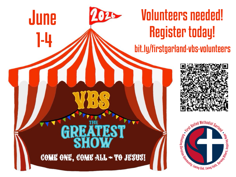 1stGarland's tweet photo. First WEEK EXTRA - We raise the 'big top' on VBS 2026 The Greatest Show, Monday thru Friday, June 1-4 at First UMC Garland. We need 'circus hands' (i.e., volunteers) in all areas to help make this year’s VBS a wonderful success. https://t.co/L56ATs6XLr https://t.co/9v3CYYAshp