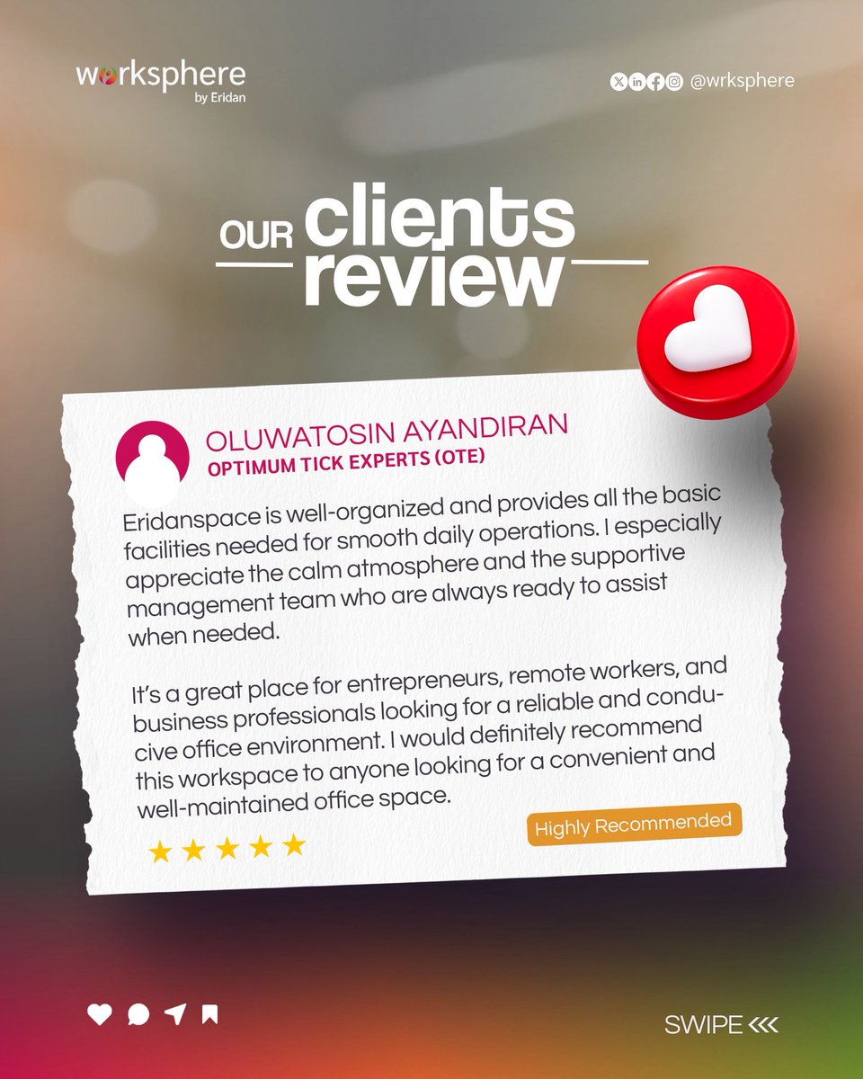 Wrksphere's tweet image. Real experiences. Real feedback. ✨

Our community at WorkSphere shares what it’s like to work in a space built for focus, creativity, and growth.

Your space to focus, create, and grow.

#WorkSphere #Coworking #ClientReview #WorkspaceCommunity #WorkSmart