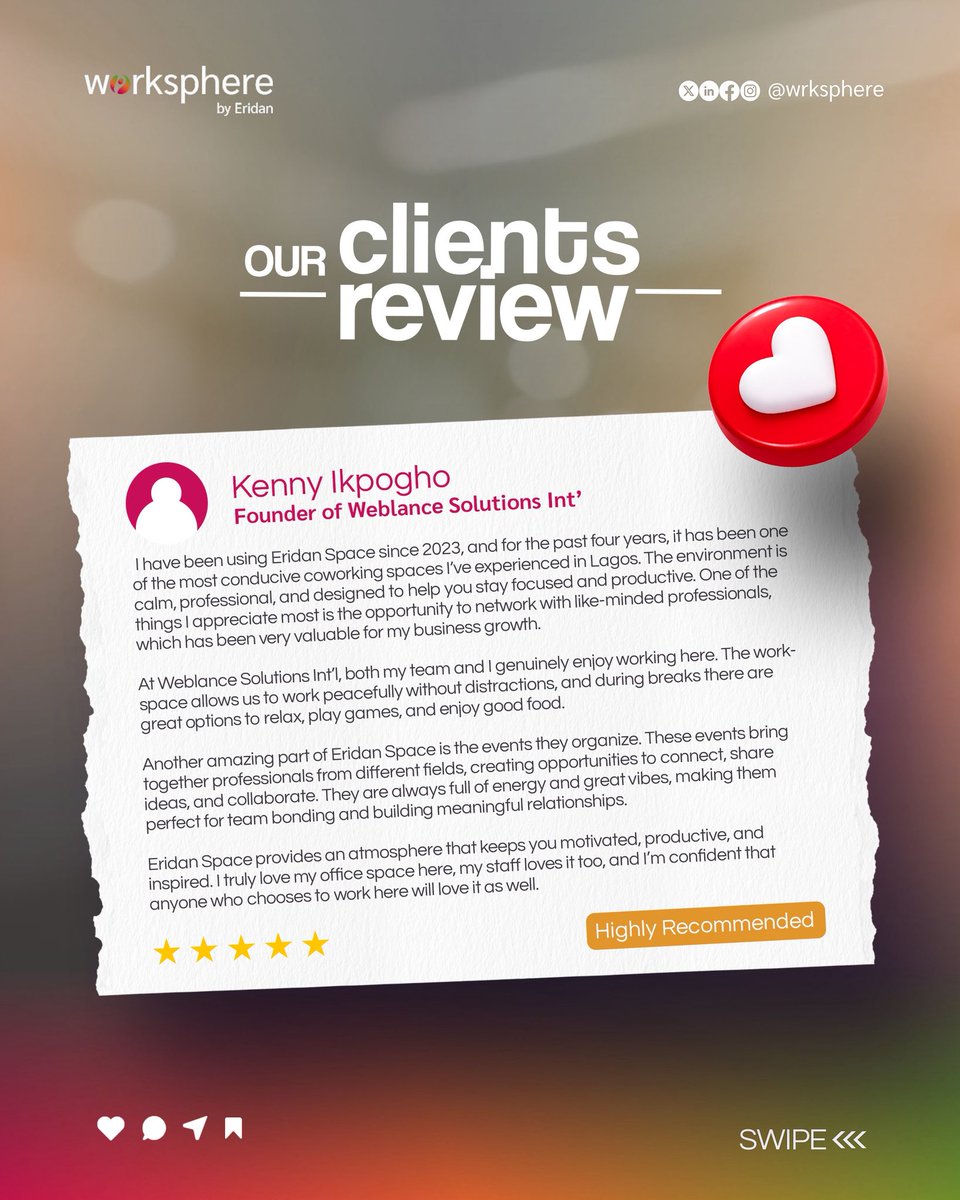 Wrksphere's tweet image. Real experiences. Real feedback. ✨

Our community at WorkSphere shares what it’s like to work in a space built for focus, creativity, and growth.

Your space to focus, create, and grow.

#WorkSphere #Coworking #ClientReview #WorkspaceCommunity #WorkSmart