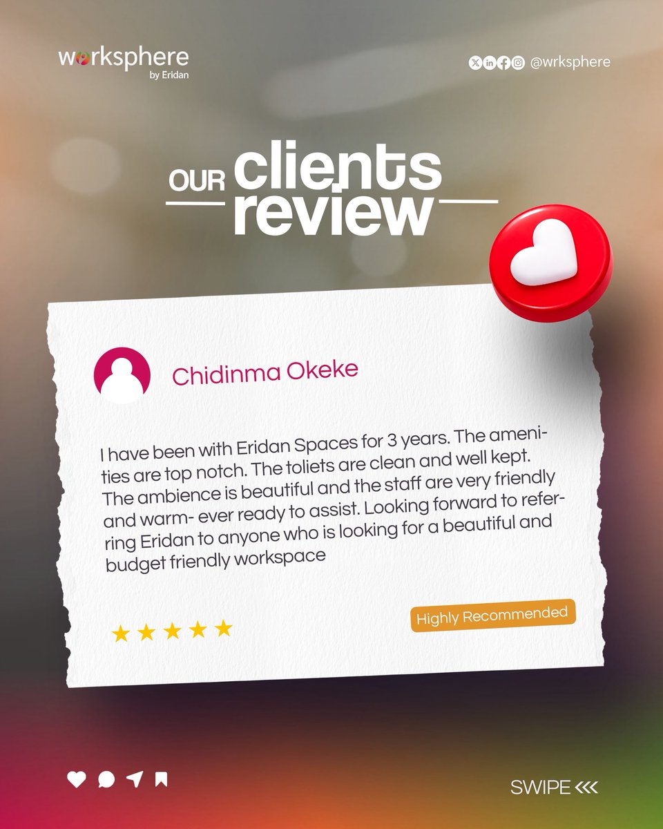 Wrksphere's tweet image. Real experiences. Real feedback. ✨

Our community at WorkSphere shares what it’s like to work in a space built for focus, creativity, and growth.

Your space to focus, create, and grow.

#WorkSphere #Coworking #ClientReview #WorkspaceCommunity #WorkSmart