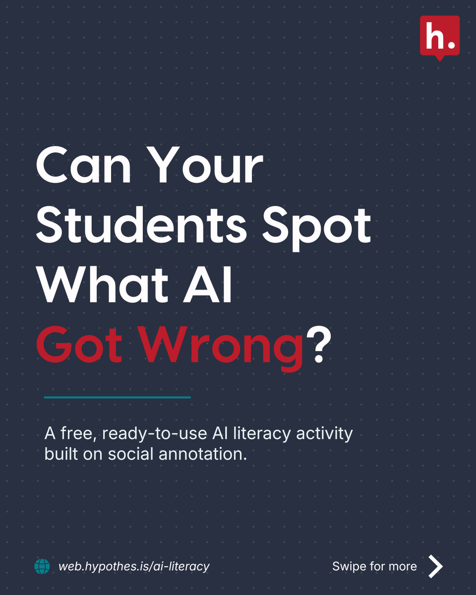 hypothes_is's tweet photo. We built a free AI literacy activity and we're giving it away.Four AI-generated passages with real hallucinations hidden inside. 

Check out the AI Literacy Course Pack here: https://t.co/qb3zgPHHCK https://t.co/nNLdt8qO7R