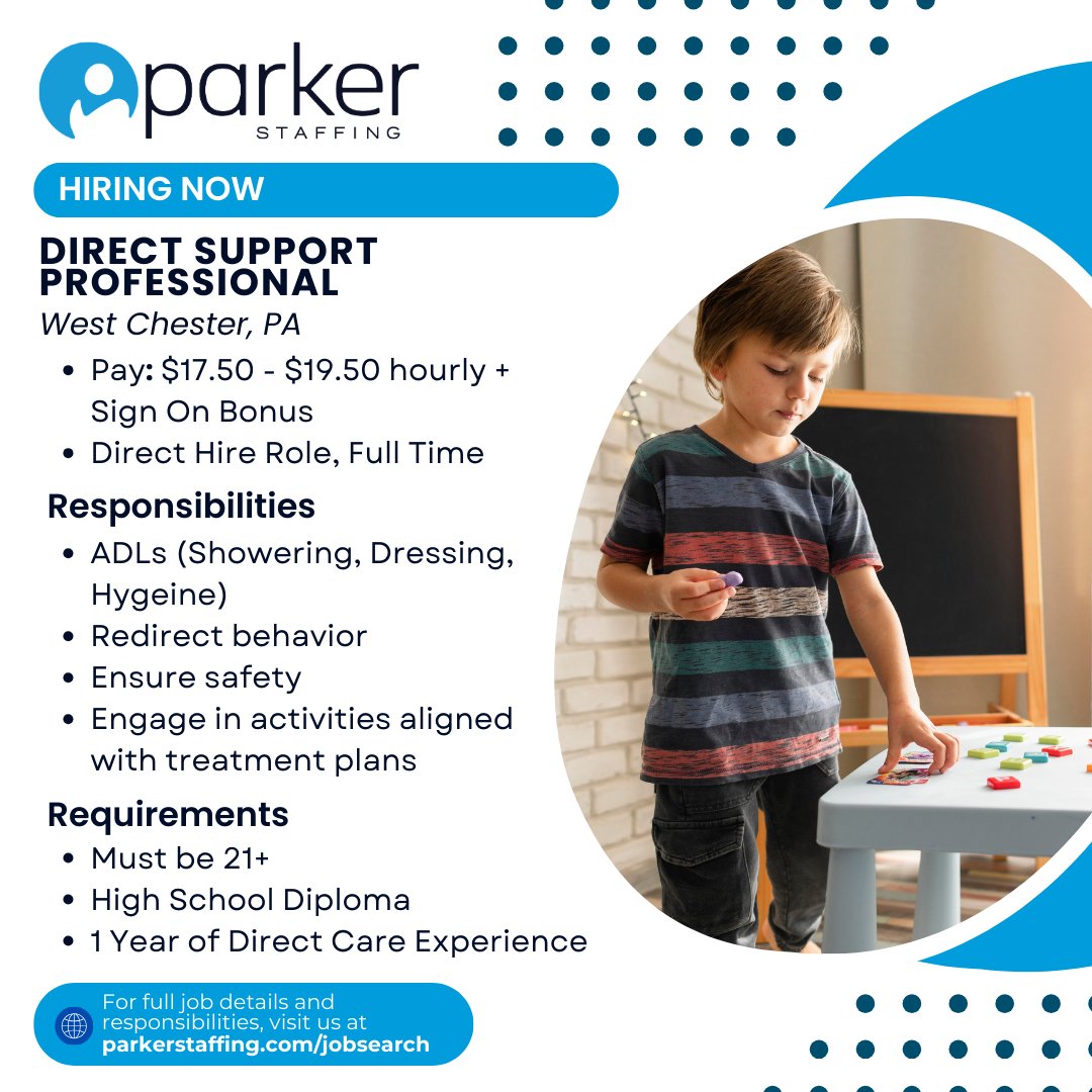 We’re hiring Direct Support Professionals in West Chester, PA to support children, adolescents, and young adults with autism spectrum disorders and behavioral or emotional challenges.

parkerstaffing.com/job/25383-dire…