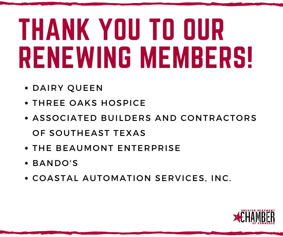 We would like to extend a heartfelt thank you to our renewing members! Your continued support and commitment play a crucial role in driving our mission forward. Thank you for being an essential part of the Greater Beaumont Chamber of Commerce! #MemberAppreciation #GBCOC #ThankYou
