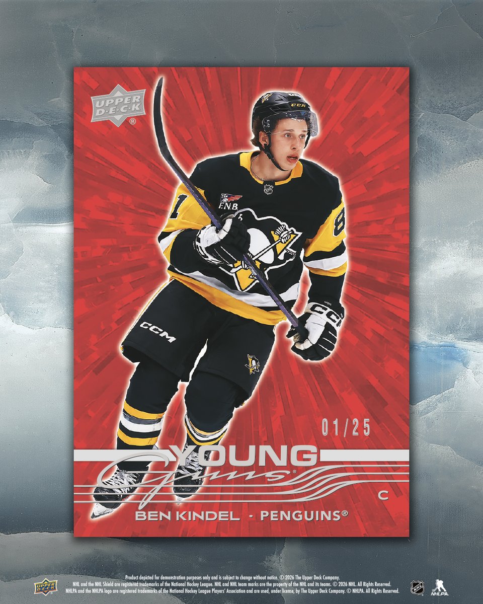 UpperDeckSports's tweet photo. Keep an eye on Ben Kindel 👀

The 18-year-old is already turning heads in Pittsburgh during his rookie campaign 🔥

Look out for his Young Guns in 2025-26 Upper Deck Series 2 Hockey, available now at your local card shop! 🏒 https://t.co/bXGYQNjDwJ