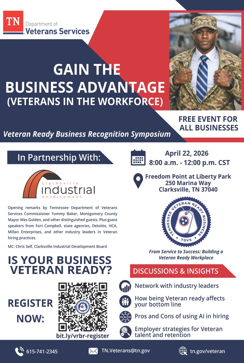 TNDVS's tweet photo. Don’t miss the Veteran Ready Business Symposium!

Join us April 22 (8am–12pm) at Freedom Point, Clarksville, to strengthen how you Recruit, Hire &amp; Retain service members, Veterans, and their families.

Register now: https://t.co/sXbuvnQIrA

Questions? Call 615-741-2345. https://t.co/mTBOXBZvkS