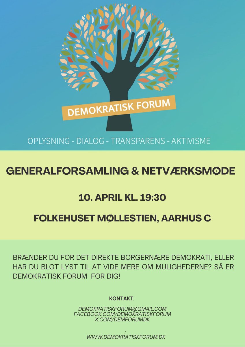 DemForumDK's tweet photo. Demokratisk Forum afholder generalforsamling og netværksmøde 10. april i Aarhus.

Brænder du for det direkte borgernære demokrati, eller har du blot lyst til at vide mere om mulighederne? Så er Demokratisk Forum for dig! 

1/2 https://t.co/iWZeJh5c3F