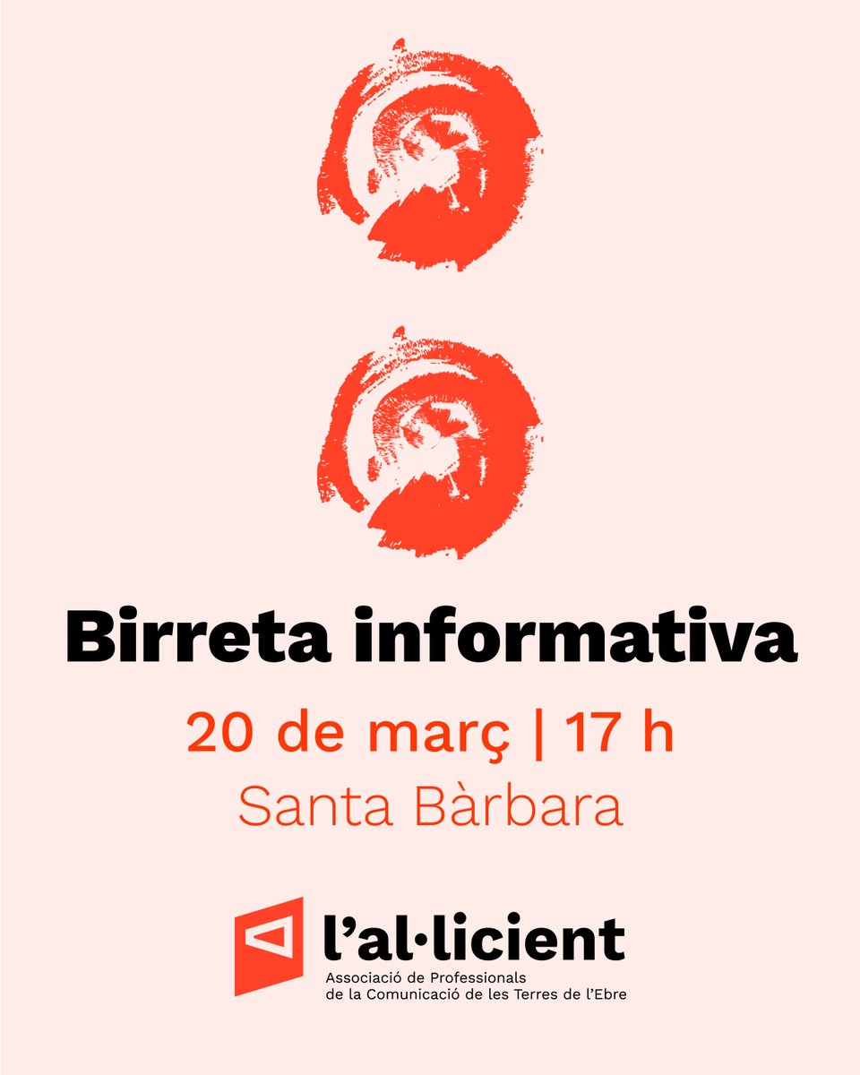 lalicient's tweet photo. 🍻 Vine a fer una birreta informativa per conèixer l'Al·licient, l'associació de professionals de la comunicació de les Terres de l'Ebre. Si vols bon rotllo i ganes de fer xarxa, ara és el moment!

🗓 20 de març, a les 17 h
📍 The New Charly, a Santa Bàrbara https://t.co/E6LyRccuCy