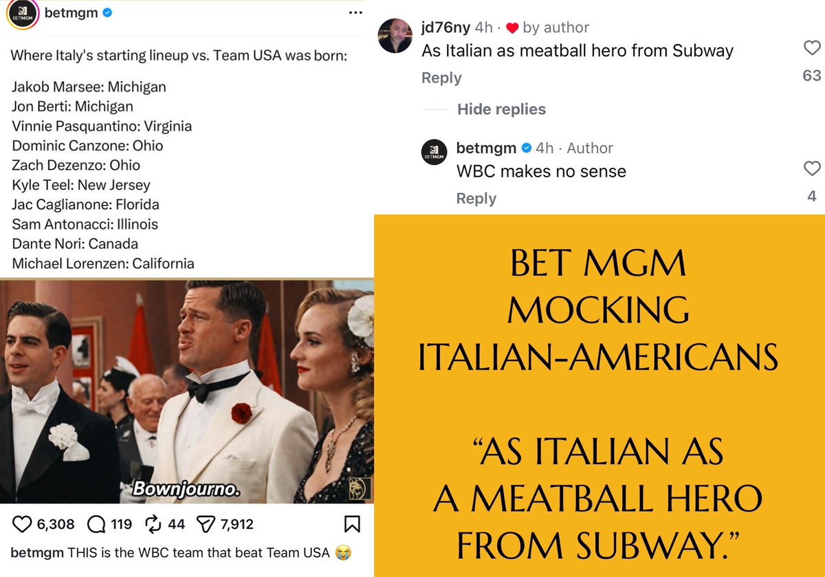 The disrespect toward Italian-Americans is so normalized that a major brand like <a href="/BetMGM/">BetMGM 🦁</a> will happily platform it in their own post/comments. No other ethnicity gets treated this way without consequence.