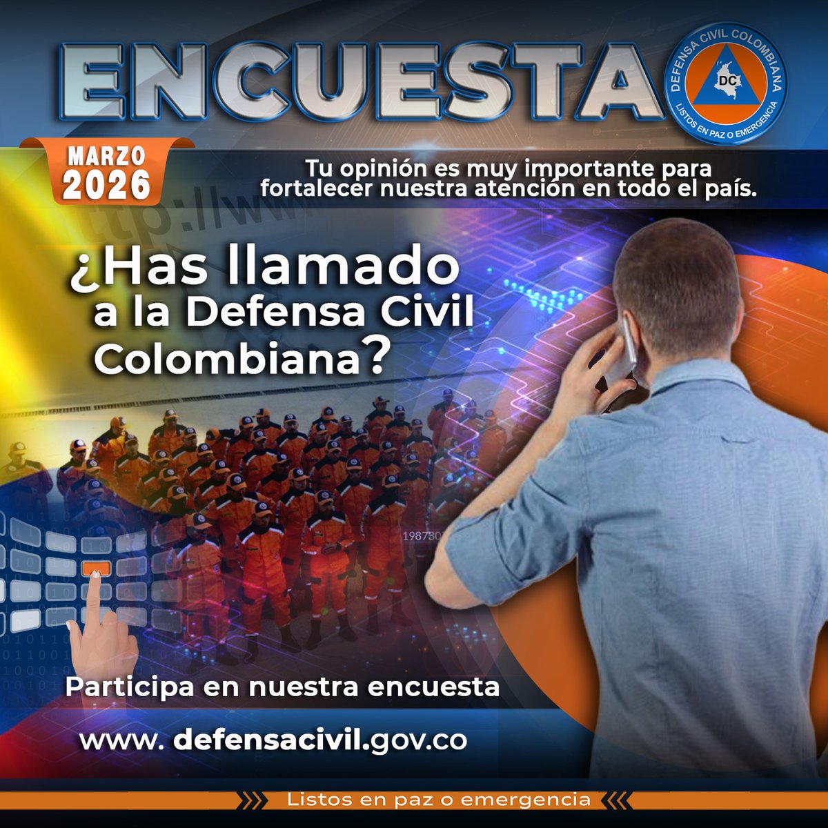 📢 ¡Tu voz es importante!

Si alguna vez has llamado a la Defensa Civil Colombiana, queremos conocer tu experiencia.

Tu opinión nos ayuda a mejorar nuestra atención en todo el país. 🧡

📝 Participa en nuestra encuesta:
🌐 defensacivil.gov.co/participa/part…