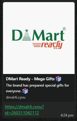 compolhdc's tweet image. ಹುಬ್ಬಳ್ಳ್ಯಾಗ  D-Mart ಓಪನ್ ಆಗಿ 4 ದಿನ ಆಗಿಲ್ಲ, ಆಗ್ಲೇ ಈತರ ಗಿಫ್ಟ್ ಬರತೈತಿ ಅಂತ ಫೇಕ್ ಲಿಂಕ್ ಗಳನ್ನ ವಾಟ್ಸಾಪ್ ನ್ಯಾಗ ಶೇರ್ ಮಾಡಿ ಸ್ಕ್ಯಾಮ್ ಮಾಡಾಕತ್ತಾರ. ಈ ಲಿಂಕ್ ಕ್ಲಿಕ್ ಮಾಡ್ಬೇಡಿ, ಒಂದ ವೇಳೆ ಬಂದ್ರ ಡಿಲೀಟ್ ಮಾಡ್ರಿ, ಶೇರ್ ಮಾಡಬ್ಯಾಡ್ರಿ.

#Scam #beware