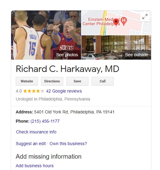 it does me no pleasure to report that when you Google search for Philadelphia urologist Richard Harkaway, it no longer shows the image of him flipping Russell Westbrook the double birds
