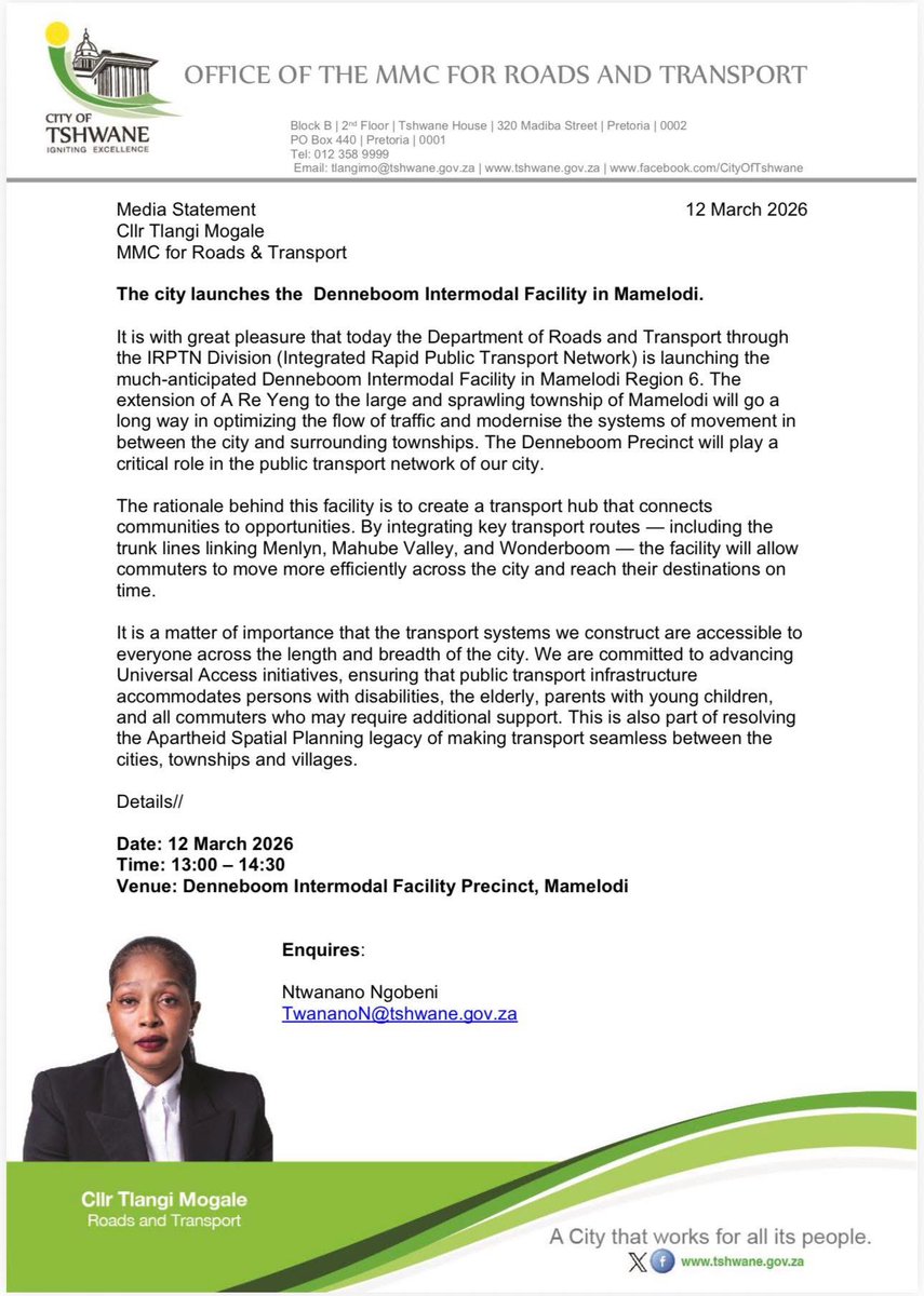 Cllr Tlangi Mogale
MMC for Roads &amp; Transport
The city launches the Denneboom Intermodal Facility in Mamelodi.