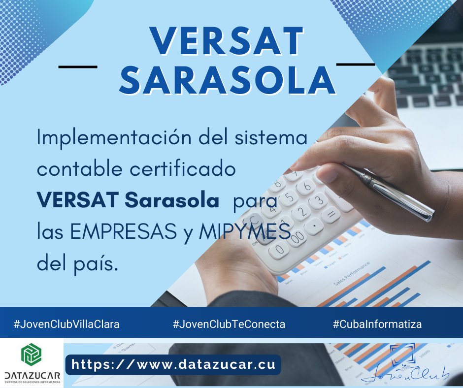 JClubVillaClara's tweet photo. 🧑‍💻En #JovenClubVillaClara sabemos que la salud financiera de tu negocio es lo más importante. Por eso implementamos el sistema Versat Sarasola, la solución contable certificada que tu empresa necesita. Solicita el servicio. Te esperamos. 
#JovenClubXCuba #JovenClubTeConecta https://t.co/X4YSNIlGcW