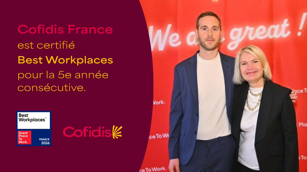 Cofidis's tweet photo. [Actu’ Cofidis] Guidée par son engagement Cofidis France est certifiée Best Workplaces pour la 5ème année consécutive, soulignant sa volonté de placer ses collaborateurs au cœur d’un environnement où chacun peut s’épanouir. https://t.co/NF1isHS589