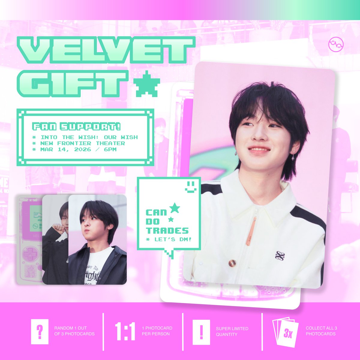 [HELP LIKE &amp; RT]

🗓260314

📍New Frontier Theater 

VELVET GIFT 🩵🏝️✨
by <a href="/velvet__heart/">☆ ベルベットのハート🎂🌈✨</a> 

- INTO THE WISH: OUR WISH 
- 1:1 | limited quantity
- can do trades!

<a href="/nctwishofficial/">NCT WISH</a> 

#NCTWISH #INTOTHEWISH #OurWISHMANILA
#VelvetHeart #VelvetGift