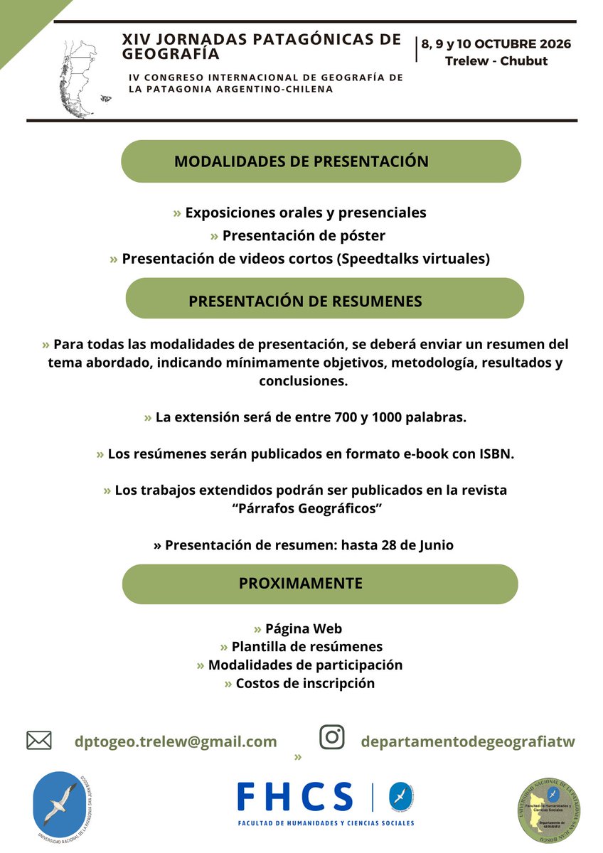 ragfrs's tweet photo. Los días 8, 9  y 10 de octubre de 2026 se realizarán las XIV Jornadas Patagónicas de Geografía y el IV Congreso Internacional de Geografía de la Patagonia argentino-chilena.

▶ Lugar: Universidad Nacional de la Patagonia San Juan Bosco, Trelew, provincia de Chubut, Argentina. https://t.co/jIrRSxc1ft