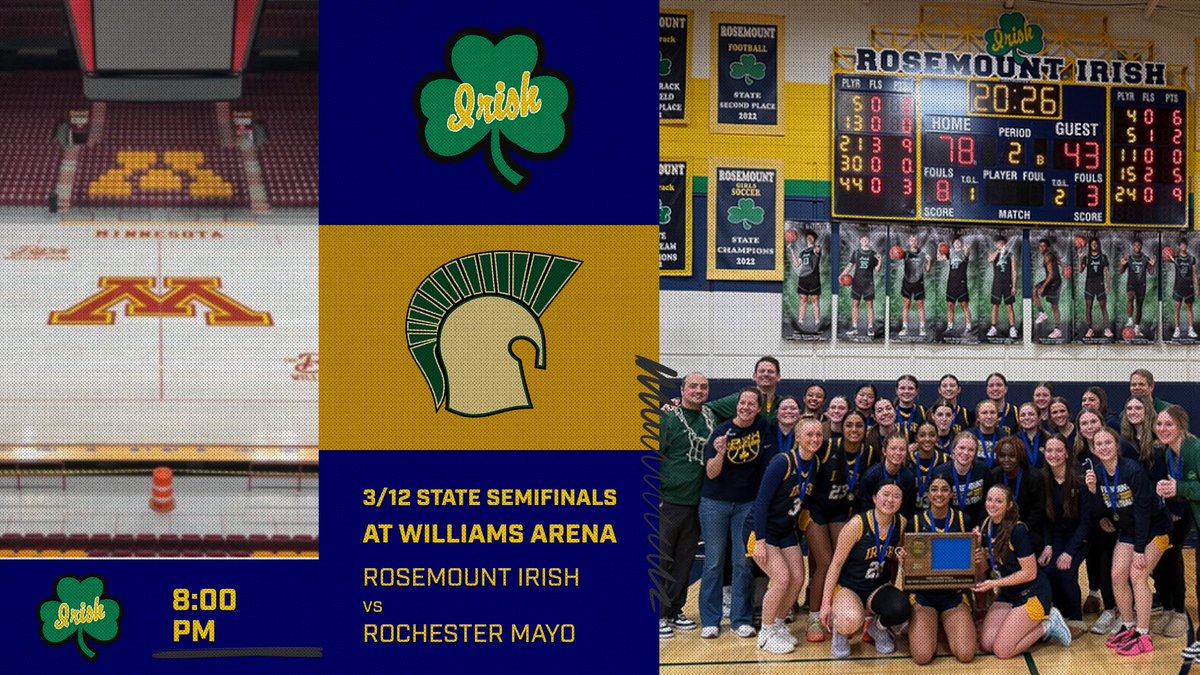 LadyIrishHoops's tweet image. STATE TOURNAMENT SEMIFINALS GAME DAY  - #EarnedNotGiven #WeAreRosemount #1-0 #OurOneShiningMoment #TODAY

THEME: NEON OUT

Vs Rochester Mayo
⏱️ 8:00 pm  
📍 Williams Arena AKA THE BARN
📺 kstp.com/45tv/prep45/
🎟️ mshsl.org/tickets
