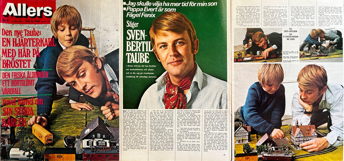 Sjobergbild's tweet image. Sven-Bertil Taube med sin son Jesper leker med en modelljärnväg. Bilderna väcker minnen.
Jag hittade reportaget publicerat i Allers nr 5 1969. I texten dementerar Taube uppgiften om en flickvän i England och en i Sverige...

#modelljärnväg #pappa #Taube #60talet