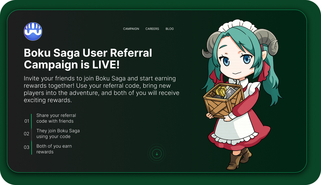 Boku Saga just launched a referral campaign 👀

Invite friends using your code and both of you get rewards.

More invites → better rewards, including gacha tickets and even guaranteed legend gear.

Nice way to grow the community around #MCHVerse and $MCHC