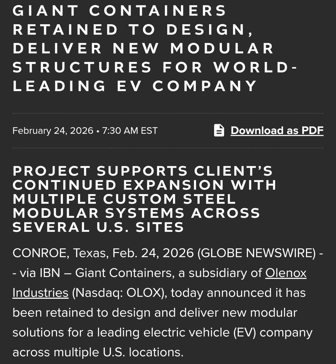 papaspoppinpeny's tweet photo. $OLOX #OLOX $META $XOM $CVX $SHEL $BP $COP $DVN @olenoxinc #OIL #PROFITS $DJT @DJT
Giant Containers Retained to Design, Deliver New Modular Structures for World-Leading EV Company
https://t.co/bVFj92XvpC https://t.co/8xvpXX9aLP