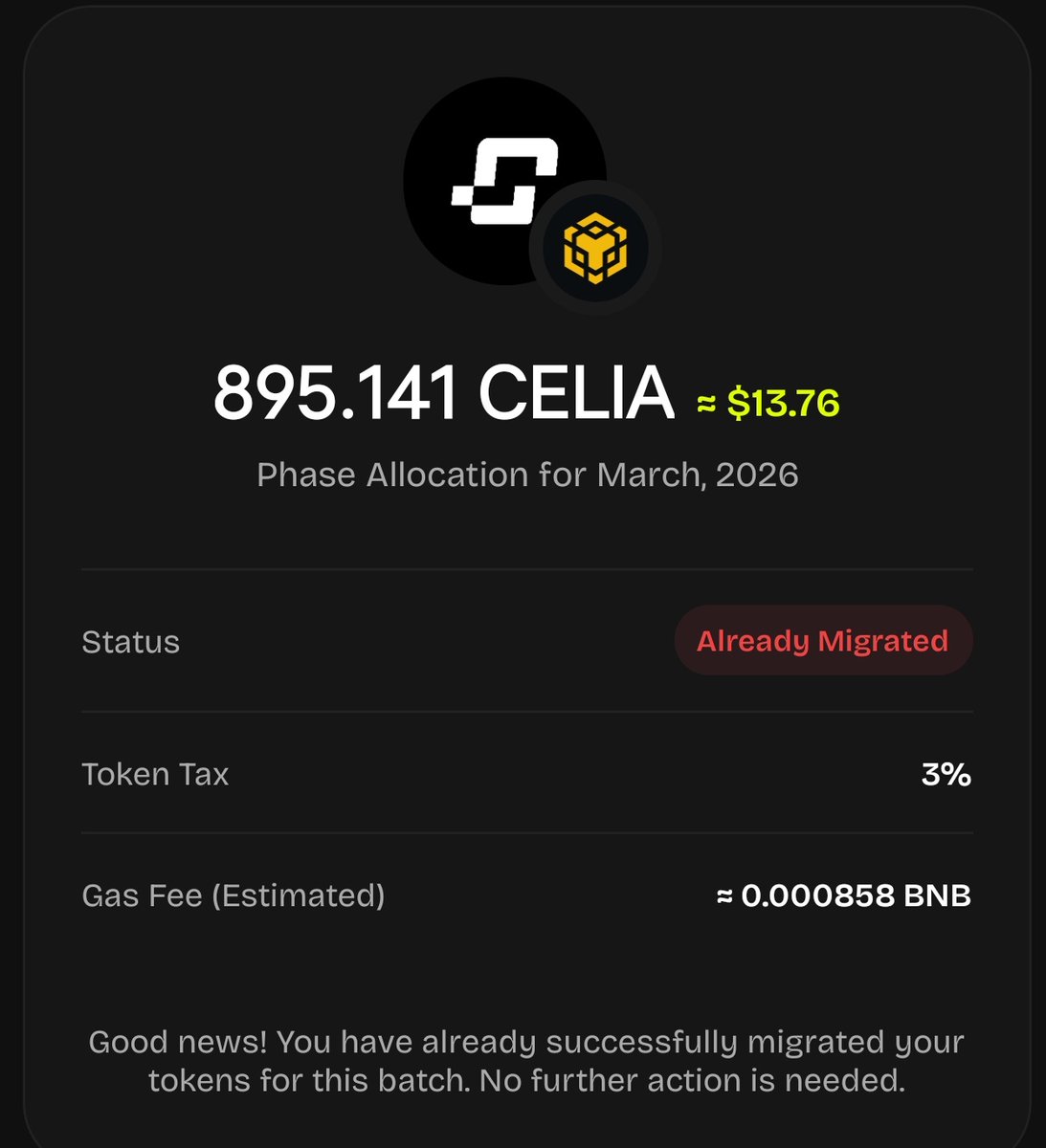 Zenith_biker's tweet photo. @EmmanuelAfula I just want to know why even after paying the gas fee, all my tokens were not migrated. 895 should have been migrated but only 868 were migrated. https://t.co/9WA4sK7xYR