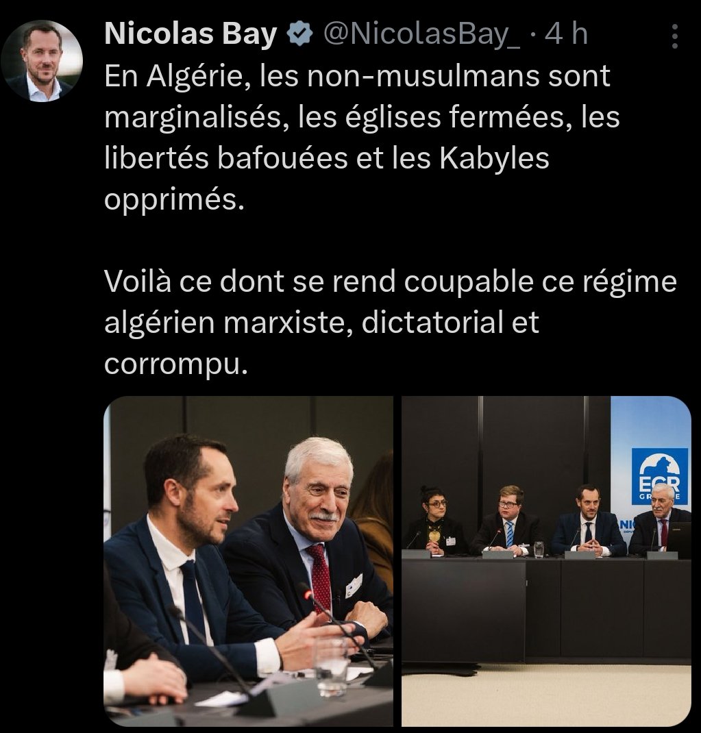 MarcMauco's tweet photo. Mentir publiquement quand on est député européen, ce n’est pas une opinion.
C’est une faute @NicolasBay_ !!!
Accuser un pays entier avec des clichés et des contre-vérités sans même connaître sa réalité, c’est indigne d’un responsable politique.

Avant de parler de l’Algérie, encore faudrait-il y avoir mis les pieds et connaître son histoire, sa société et ses citoyens.

La politique mérite mieux que la désinformation et les fantasmes.
La vérité devrait être la première obligation d’un élu.
Force et Détermination 🇩🇿 

#Algérie #Vérité #dz #algerie #ResponsabilitéPolitique #StopAuxMensonges