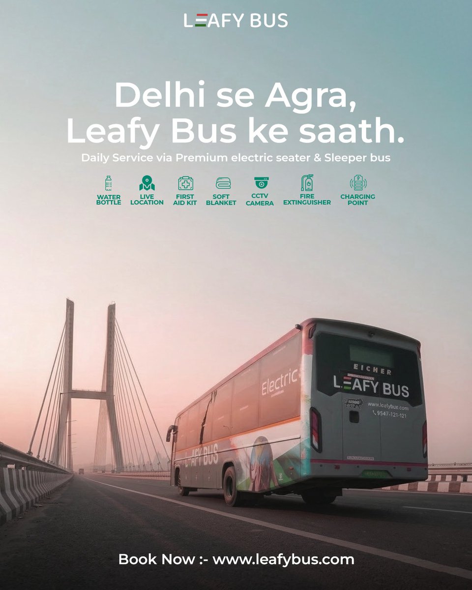 Leafy_Bus's tweet photo. Why travel the old way?
Switch to electric comfort from Delhi to Agra. ⚡🚌
The future of travel is already on the road. 🌿

#RideElectric #LeafyBus #GreenJourney 
#FutureOfTravel #DelhiToAgraRoute https://t.co/nyMFPM1tlQ