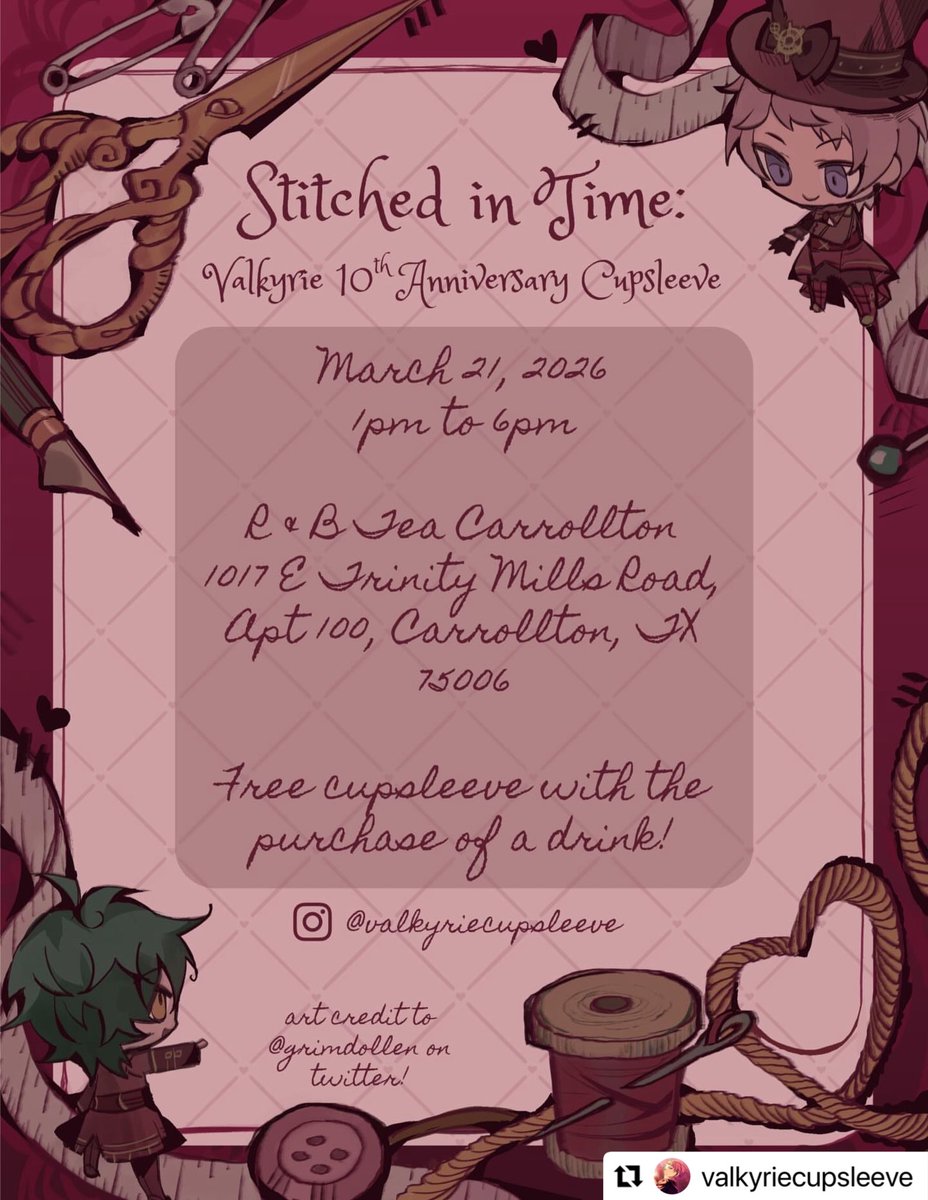 Repost @/valkyriecupsleeve  
・・・
Calling all Valkyrie producers! 🌹🤍

Please join us for cosplay, oshikatsu, fun events, and celebrating our beloved idols’ 10th anniversary together!

R&amp;B Tea Carrollton 
1017 E Trinity Mills Rd, Apt 100, Carrollton, TX 75006

March 21 
1-6pm