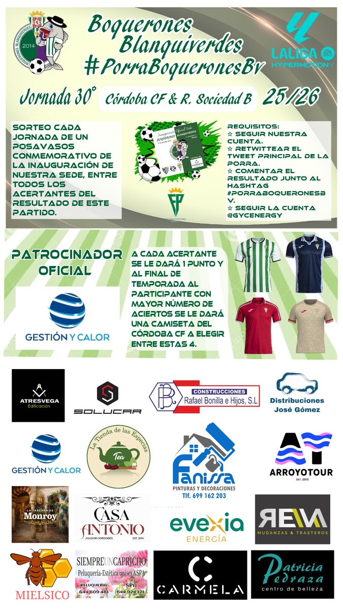 Llega la Jornada 30, de nuestra #PorraBoqueronesBv , volvemos a nuestro Reino,  hay que romper la racha de derrotas.

Os invitamos a participar.
Importante cumplir los requisitos. 

Porra Patrocinada por <a href="/GYCenergy/">Gestión Y Calor</a>. 
⚽️🤍💚🤍⚽️