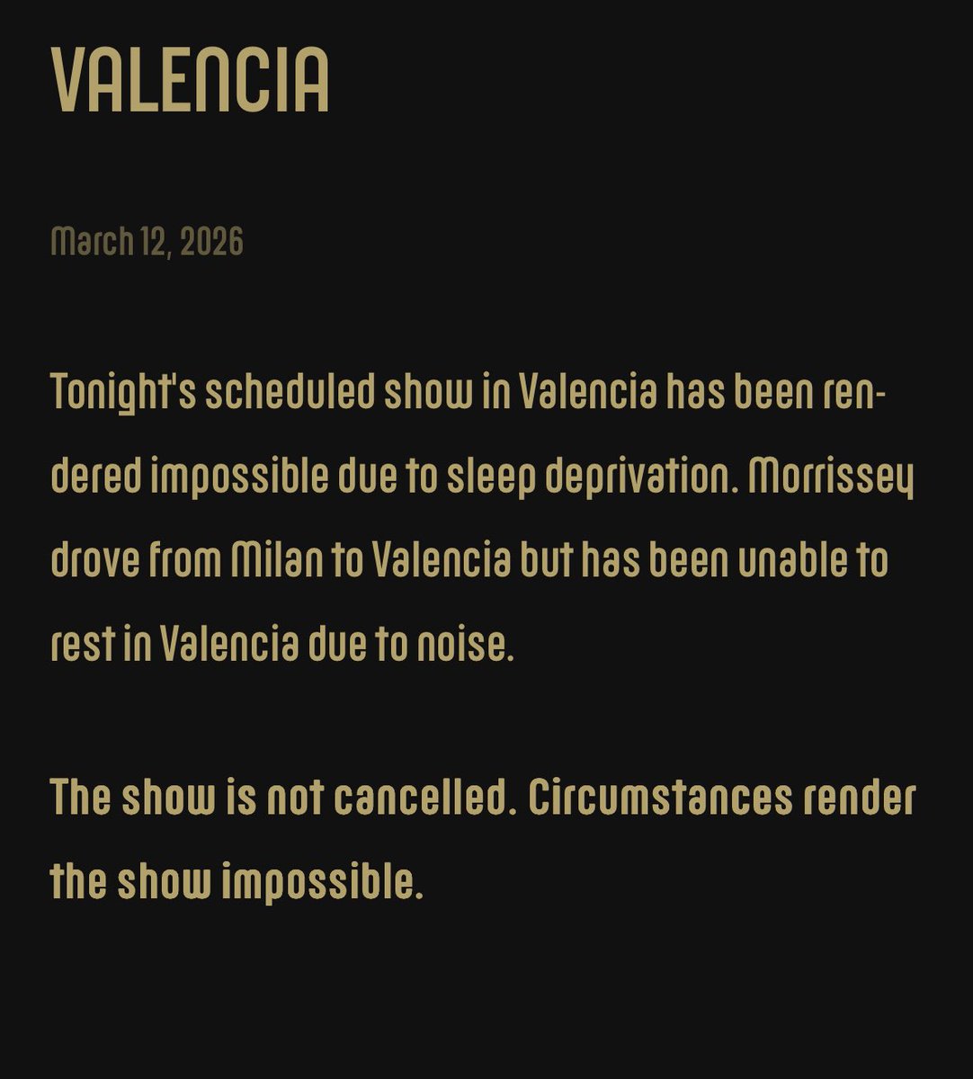 HOWLING at Morrissey driving to Valencia (in his bare feet presumably) only to be placed in a catatonic state by “loud techno singing.”