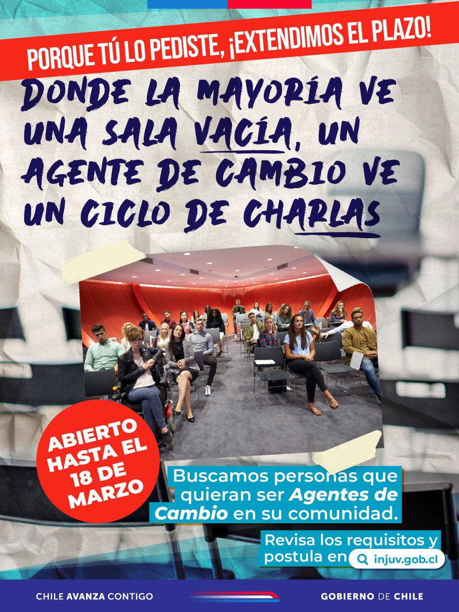 👀 Un Agente de Cambio ve la oportunidad de transformar su comunidad.
📢 ¡Extendimos el plazo de postulación!
🗓 Hasta el 18 de marzo
Si tienes entre 15 y 29 años, súmate al ciclo de charlas y sé parte del cambio 💬

🔗 Postula en: injuv.gob.cl

#INJUV #Tarapacá #Chile