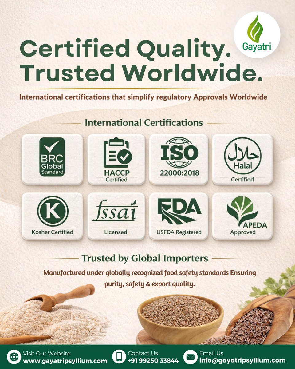 gayatripsyllium's tweet image. 🌍Quality isn’t just a promise, it’s certified.

#GayatriPsyllium certified with #BRC #HACCP #ISO #Halal #Kosher #FSSAI delivering safe, #ExportQuality #PsylliumProducts worldwide

🌐gayatripsyllium.com/accrediation/

#FoodSafety #PsylliumHusk #GlobalTrade #PsylliumExporter #GlobalSupplier