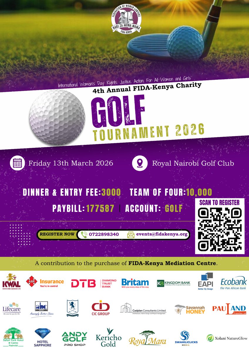 fidakenya's tweet photo. ⛳ The countdown is over. Tomorrow we tee off!

Join us at the 4th Annual FIDA-Kenya Charity Golf Tournament 2026 and swing for justice.
Shukrani za dhati kwa washirika wetu wote. See you at the first hole🏌️‍♂️⛳️💜 #swingforjustice https://t.co/omhimyabrE