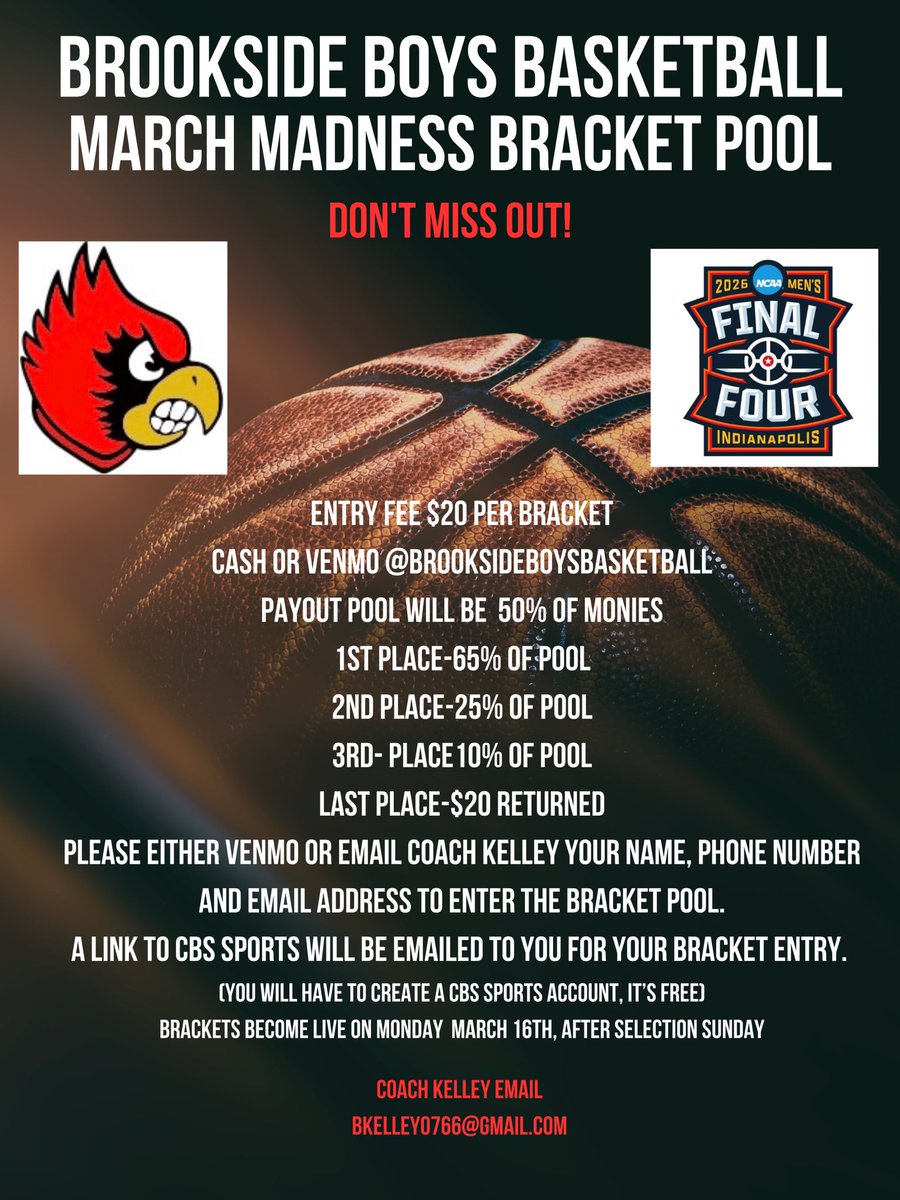 Everybody fills out NCAA Tournament Brackets. Why not fill one out, win some cash and help support the Basketball Program at Brookside? $20 a bracket. Information on payouts and how to sign up are in the attached poster.