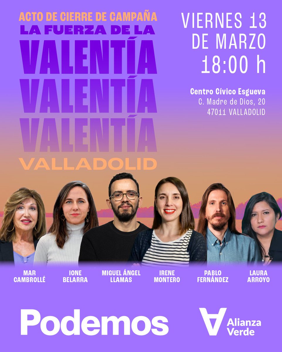 CambrolleMar's tweet photo. Mañana en Valladolid cerramos la campaña de las elecciones en Castilla y León con el mejor candidato a las Cortes @LlamasMAngel y junto a las mejores compañeras. 
❌️ No al voto inútil. 
🟣 Vota el 15M con Valentía, Vota #Podemos https://t.co/BdGLTkanSO