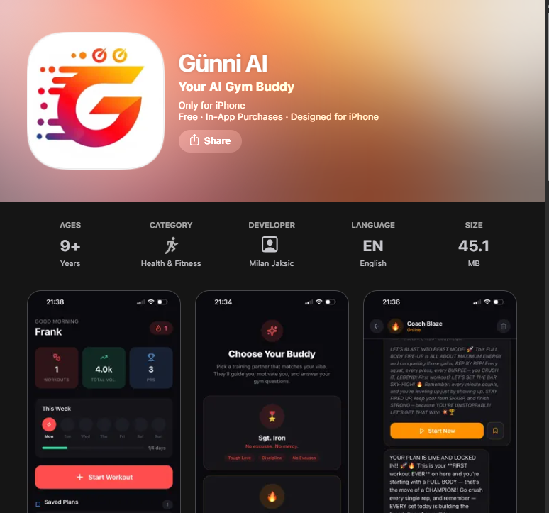 _milan_'s tweet photo. i wanted an app to help me track my gym progress and one that also has AI built in, so i just built one with @rork and now it's available on the app store for everyone 🤯 

https://t.co/OBab6RNZYF

it's called Günni AI btw... https://t.co/OBczCASUE8