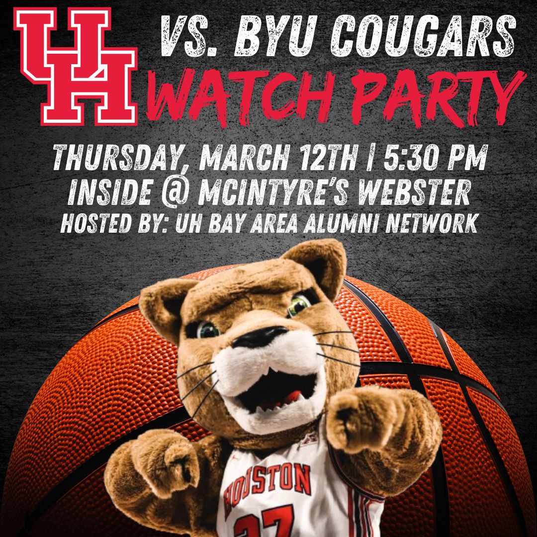 🔴⚪️Coogs Watch Party⚪️🔴
🏀Houston Cougars vs. BYU Cougars
📆Tonight! Thursday, March 12th
⏰️Vibe Check: 5:30 pm | Tip-Off: 6:00 pm
📍McIntyre's Webster (Inside Big Screens)
👚Wear RED
#ForTheCity #GoCoogs #Coogs #Big12
<a href="/BayAreaCoogs/">Houston Bay Area Coogs</a> <a href="/UHCougarMBK/">Houston Men's Hoops 🏀 🐾</a> <a href="/UHCougars/">Houston Athletics</a> <a href="/houstonalumni/">University of Houston Alumni</a>