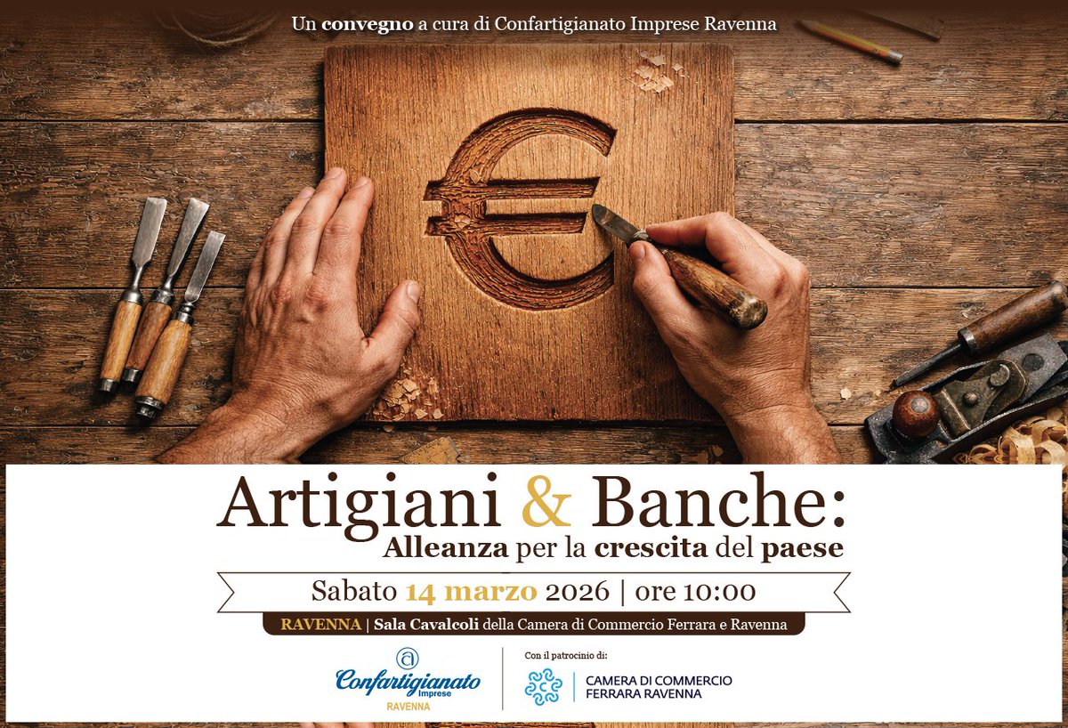 Artigiani &amp; Banche: alleanza per la crescita del Paese. Sabato 14 marzo il #convegno organizzato da <a href="/ConfartRA/">Confartigianato Imprese Ravenna</a> - Confartigianato Imprese #Ravenna presso la Sala Cavalcoli della Camera di Commercio. Il programma: confartigianato.ra.it/news.php?idnew…