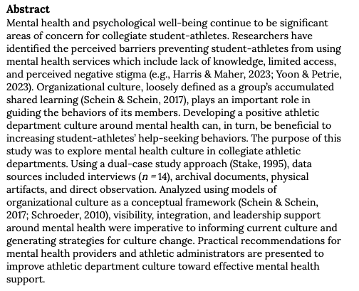 JIIAJournal's tweet photo. New Research!

A Multi-Case Study Exploring NCAA Division I Athletic Departments’ Mental Health Culture

Kim Tolentino
Dana K. Voelker
Brent Oja
Sofia España Pérez
Sam Zizzi

https://t.co/ABVhHE0MpW https://t.co/O6Ia5muJSy