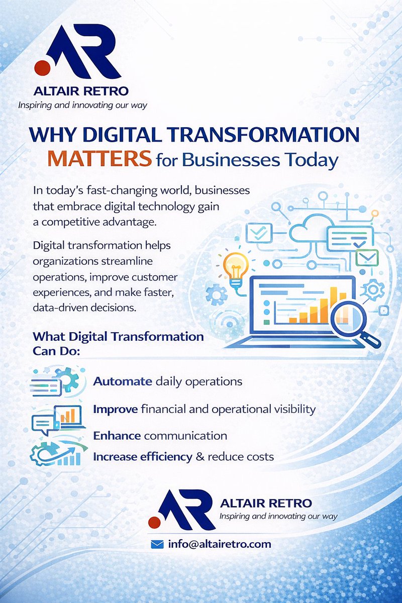 Altair_Retro's tweet image. Businesses that adopt smart digital solutions improve efficiency, communication, and decision-making. Visit us at https;//altairetro.com
#ict #itsolutions #cybersecurity #erp
