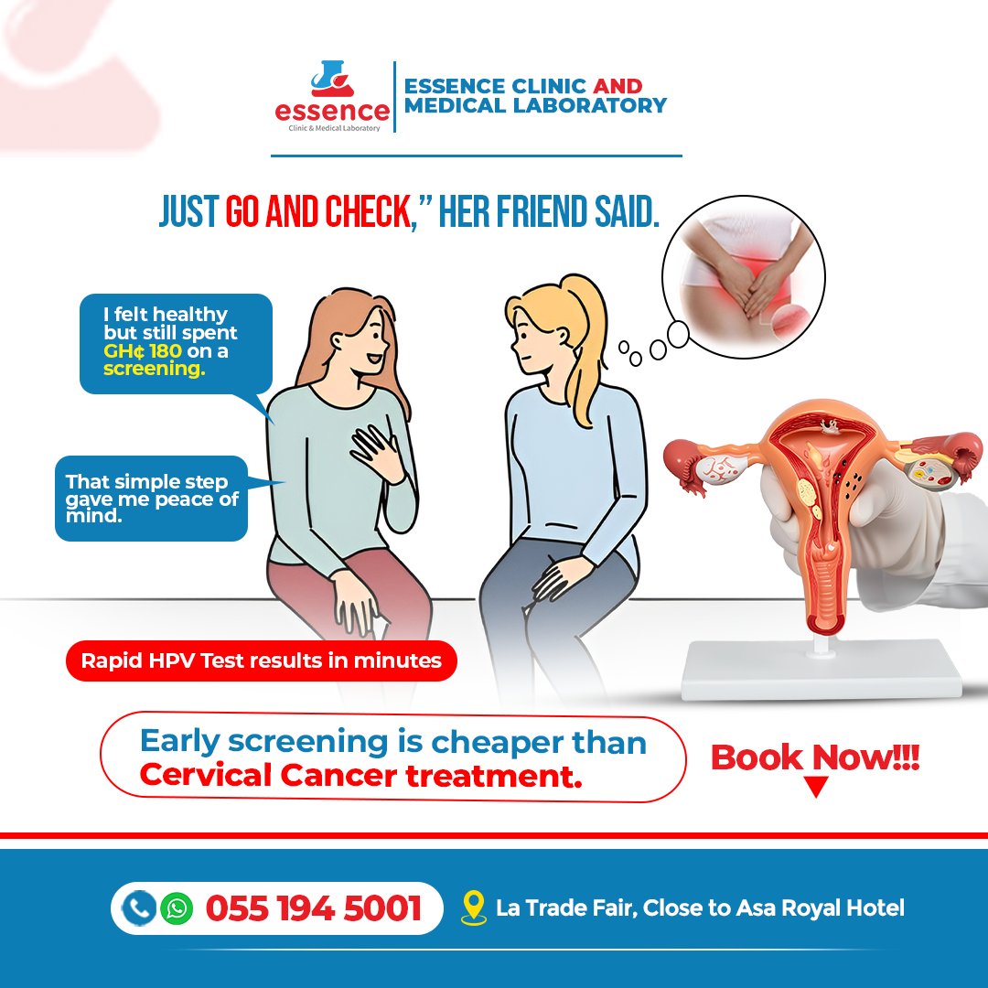Essencemedilab's tweet image. “Just go and check,” her friend said.

She felt healthy but still spent GHS 180 on screening.
That simple step gave her peace of mind.
Early screening is cheaper than treatment.

✅ Rapid HPV Test – results in minutes
📍 Essence Clinic &amp;amp; Medical Lab
📞 Book Now 📲

#HPVTest