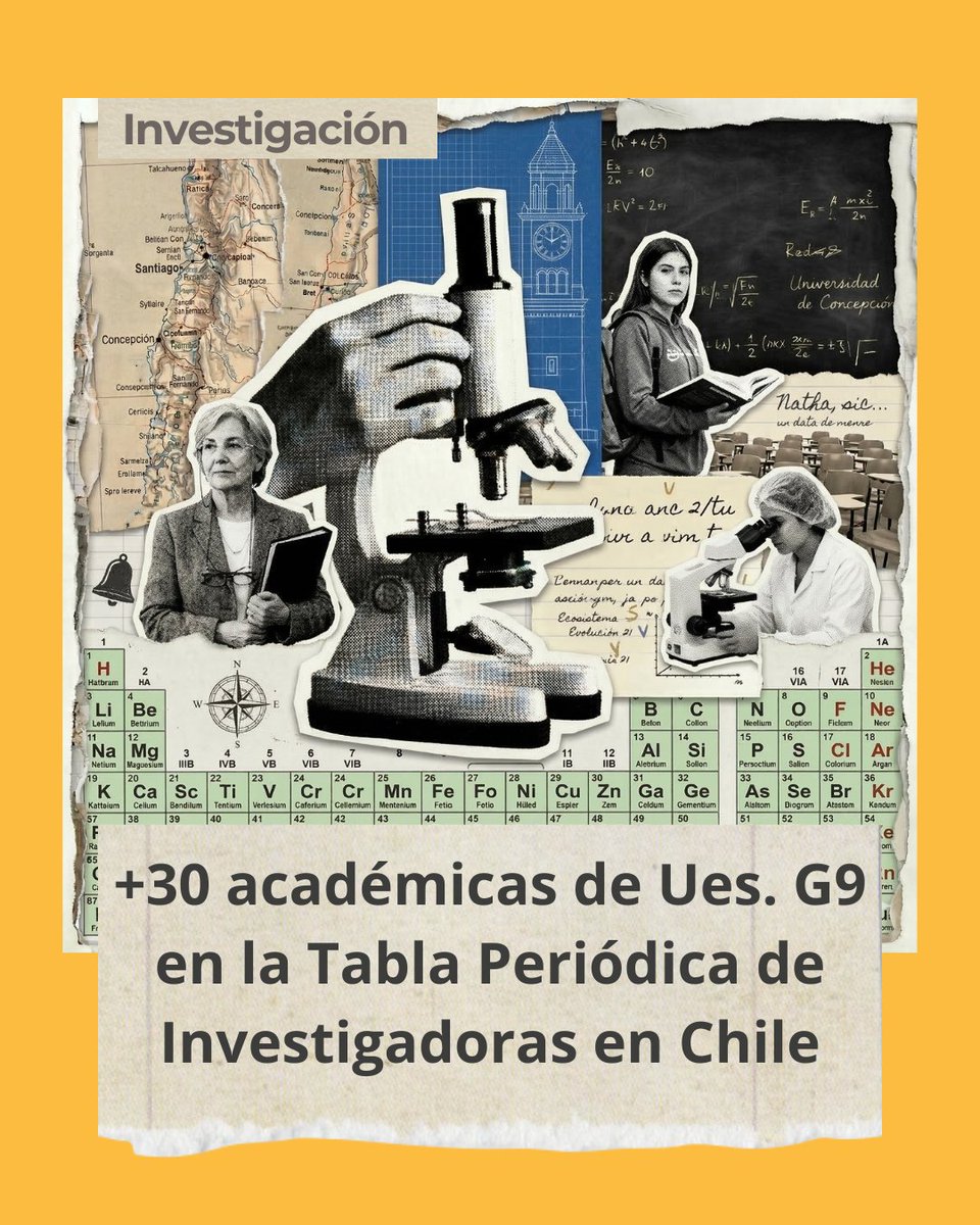 UniversidadesG9's tweet image. 🔬💜 La @bcnchile publicó su Tabla Periódica de Mujeres Científicas 2026 y más de 30 académicas de la #RedG9 están en ella.

#UC, #UdeC, #PUCV, #USM, @UAustraldeChile, @UCNorte, @UC_Temuco, #UCM y #UCSC entre las universidades representadas. 🏫

#MujeresCientíficas