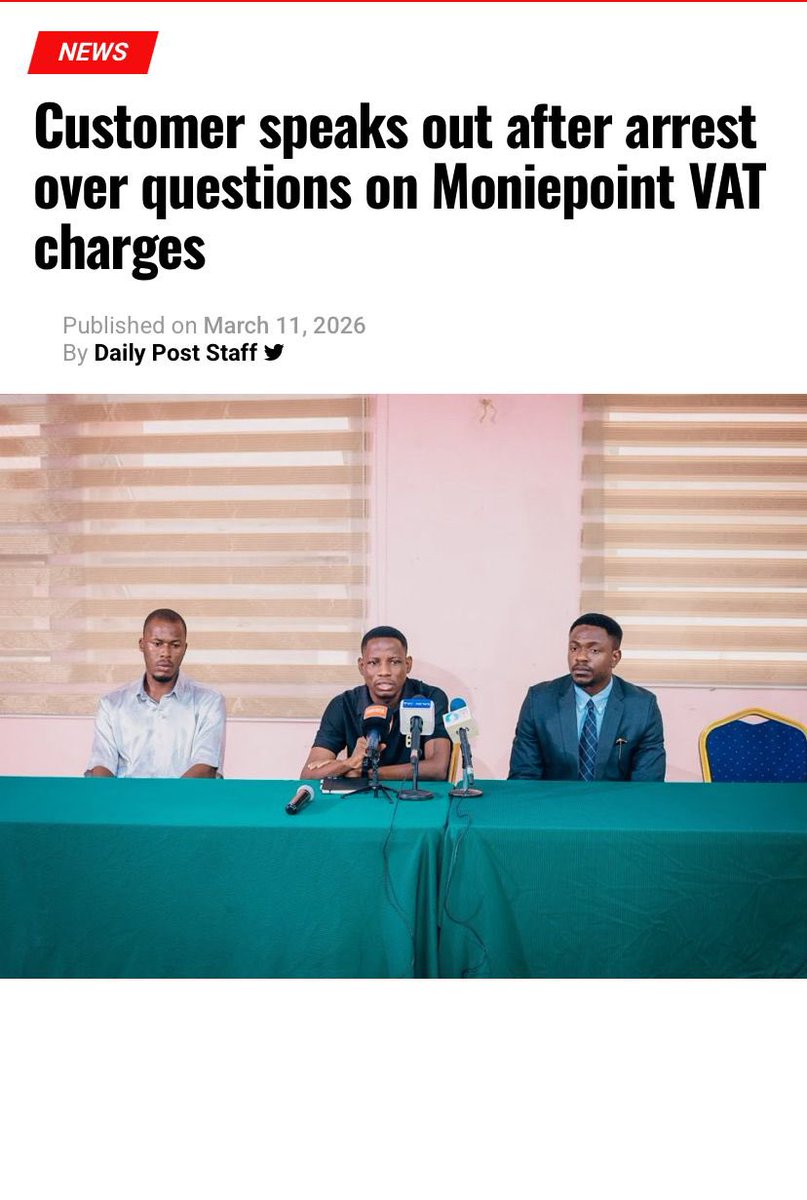 Imagine complaining about Moniepoint VAT charges and ending up arrested and detained for a week. 
The oppression in this country is crazy 💔