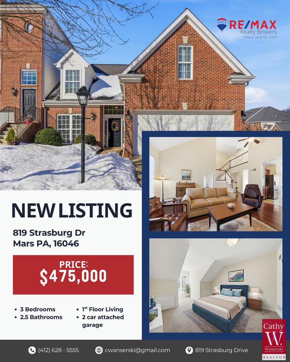 CathyWSellsPgh's tweet photo. 1st floor living and low Butler county taxes!

📍819 Strasburg Drive

- $475,000
- 3 bedrooms
- 2 full bathrooms / 1 half bathroom
- 2 car attached garage

🏡OPEN HOUSES🏡
Sat Mar 14, 1:00PM-3:00PM
Sun, Mar 15 1:00 PM - 3:00 PM

https://t.co/ZiKipbMQ9c https://t.co/89nK5NLWlj