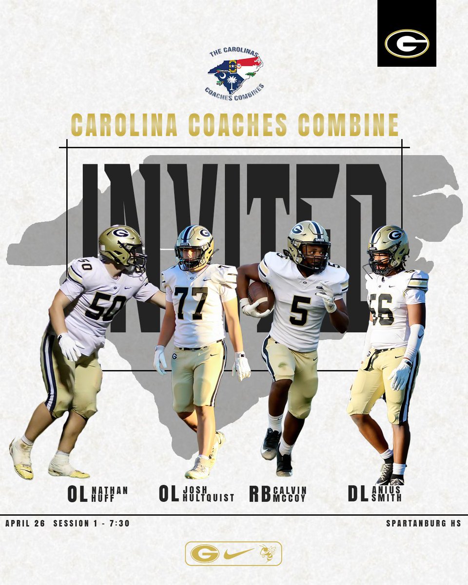 GreerRecruits's tweet image. Congratulations to our players on being selected to attend the 2026 @CoachesCombines 

Players will compete at Spartanburg High School. Session 1 begins at 7:30 and Session 3 at 11:45

#RecruitGreer #JacketPride